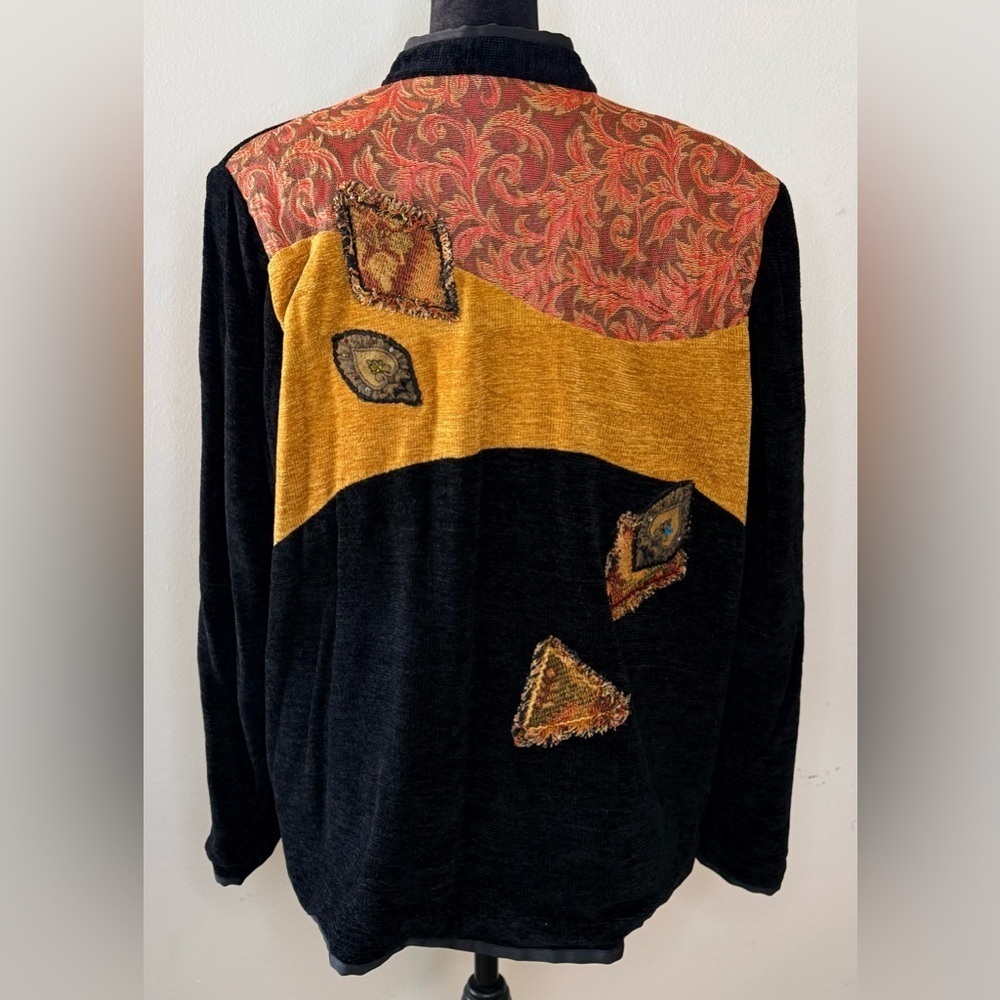 Vintage Black Chenille tapestry patchwork Jacket beaded leaves carved buttons XL - Picture 5 of 11
